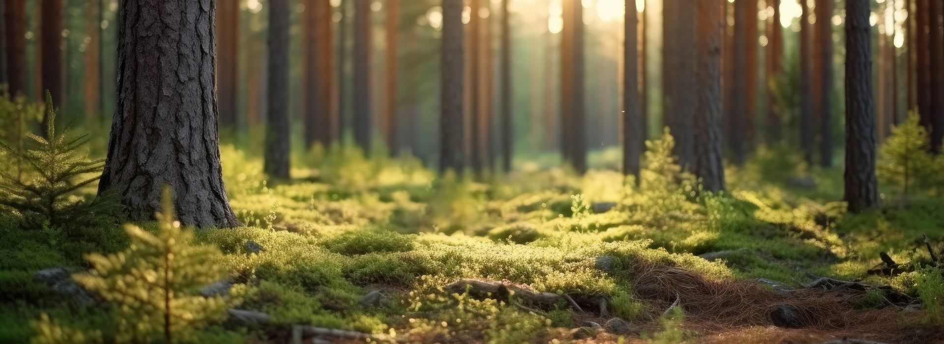 the image shows sunlight touching the ground in a pine forest.