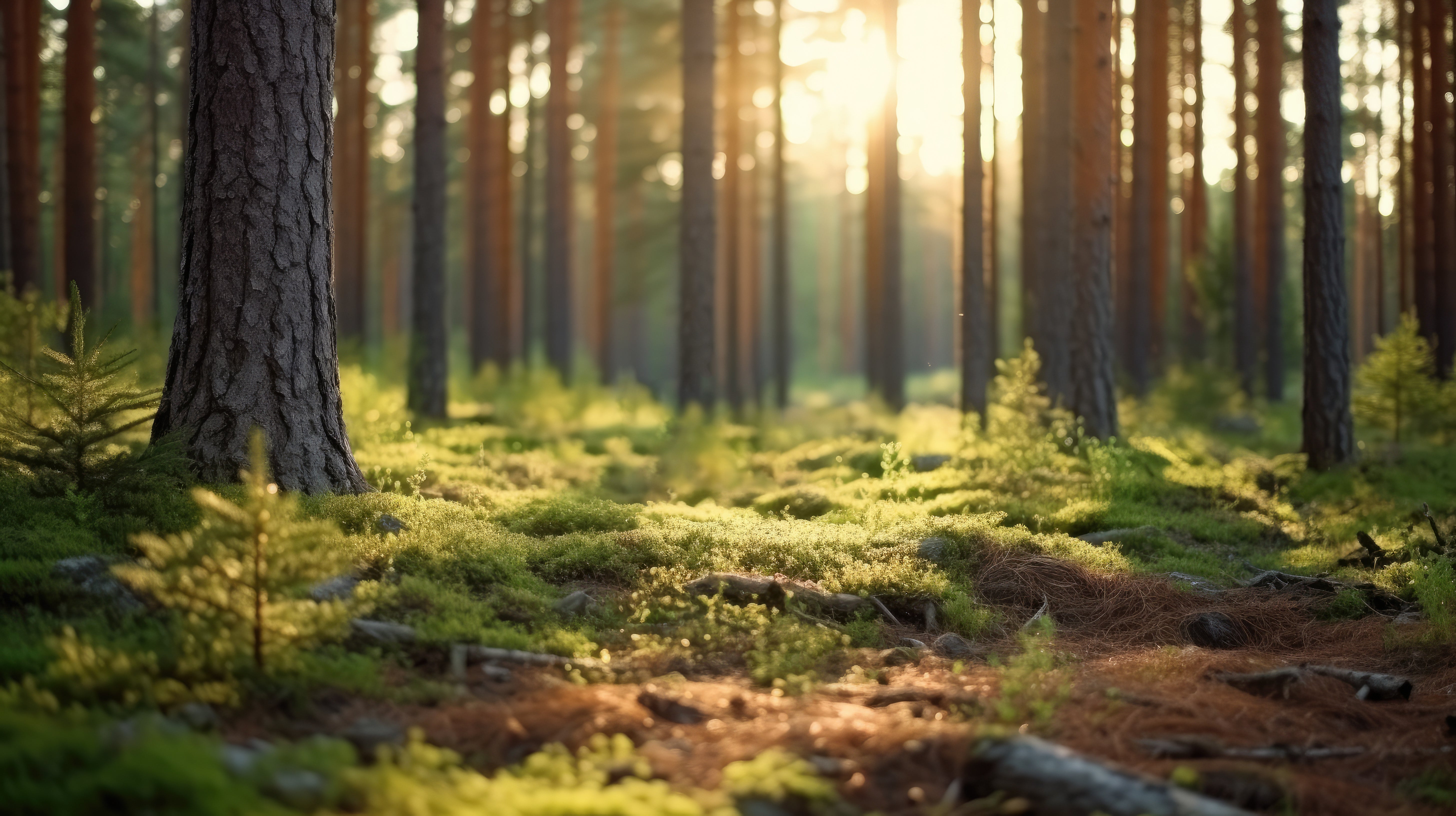 the image shows sunlight touching the ground in a pine forest.